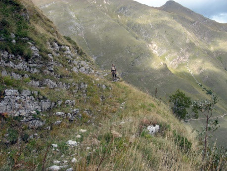 Il sentiero verso i Pianelli della Regina, sullo sfondo le pendici est del Pizzo Tre Vescovi e la cima del Monte Acuto